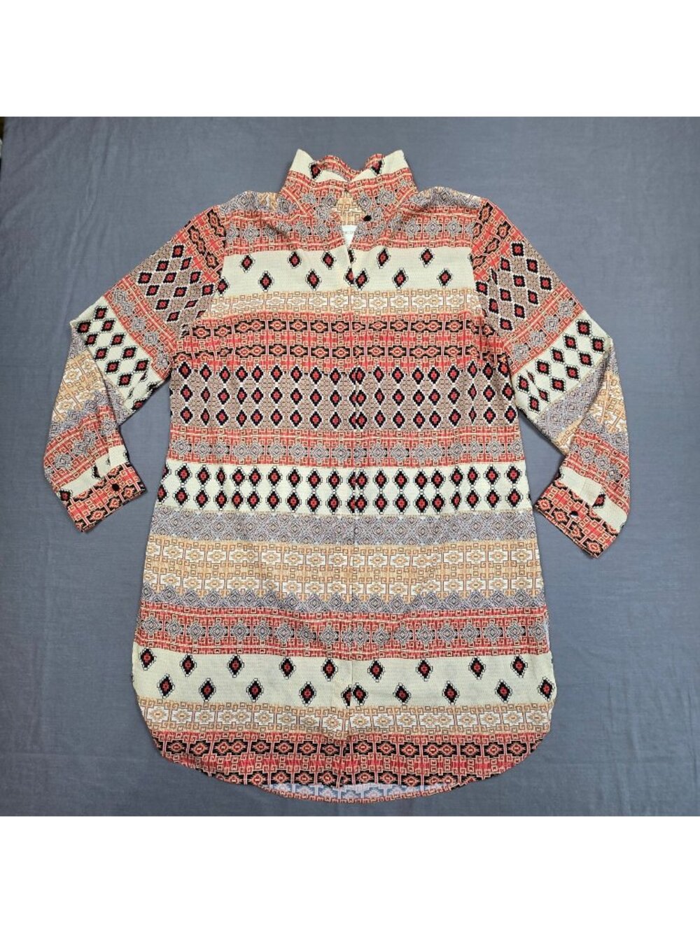 Chicos Size 2 Large Womens Long Sleeve Colorful Geometric Print Tunic Shirt